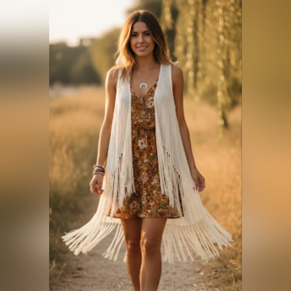 Free People Fringe Vest Ivory Sleeveless Kimono Boho Size S